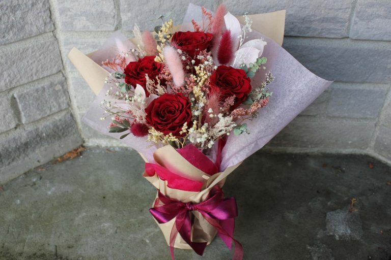 Red and pink preserved flower arrangement