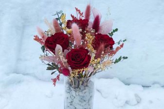 Red and pink preserved flower arrangement