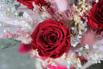 Red and pink preserved flower arrangement