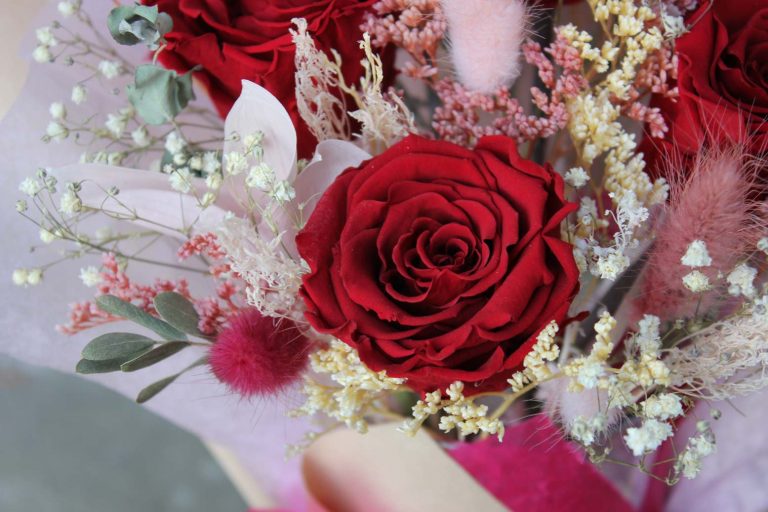 Red and pink preserved flower arrangement