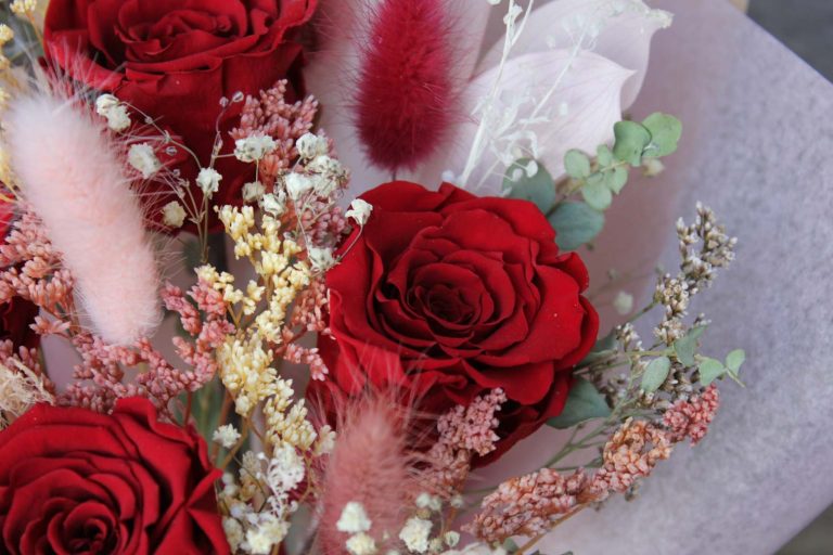 Red and pink preserved flower arrangement