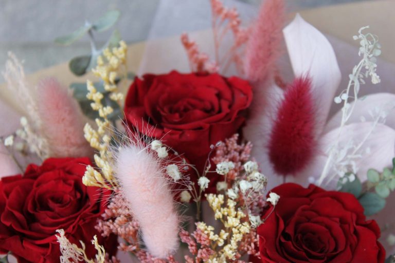 Red and pink preserved flower arrangement