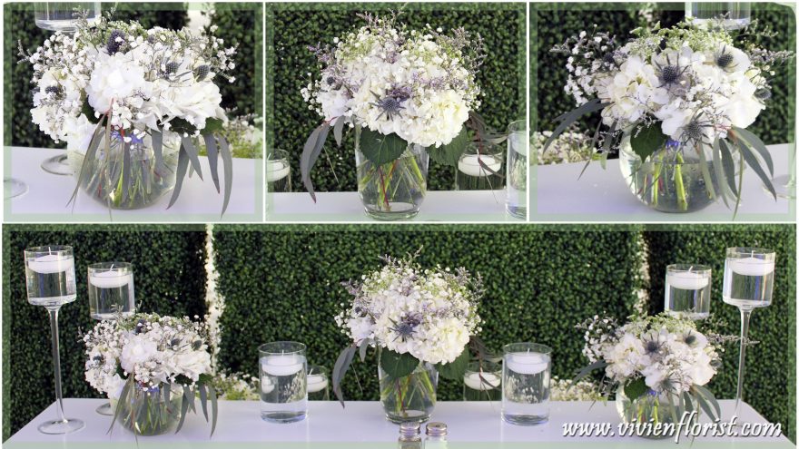 Organic looking white and green centerpieces in Montreal