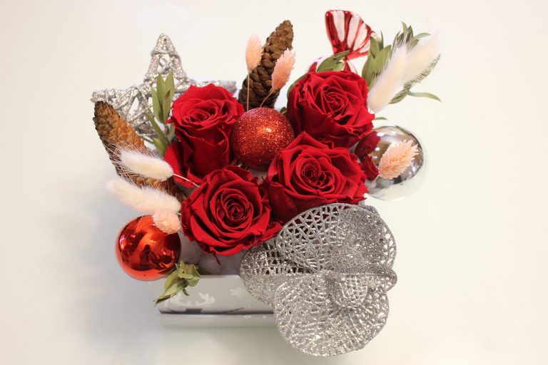 Red preserved roses in holiday box