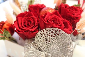 Red preserved roses in holiday box